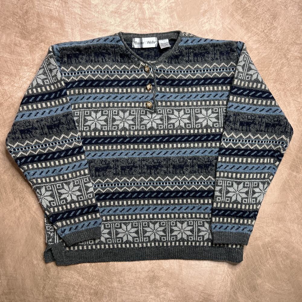 Vintage 90s Baxter & Wells Fair Isles Snowflake Moose Knit Sweater Multicolor